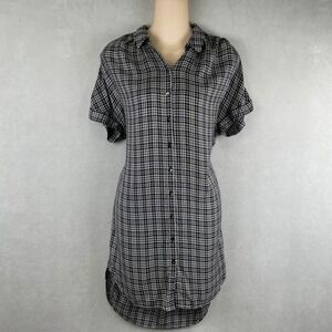 Madewell Central Shirt Dress Black Plaid Tulip Hem Button Front Viscose G1765 XS